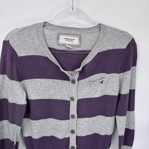 Vintage Y2K AEO Striped Cardigan Sweater Women's M Purple Gray Elbow Patch‎ - Picture 2 of 15